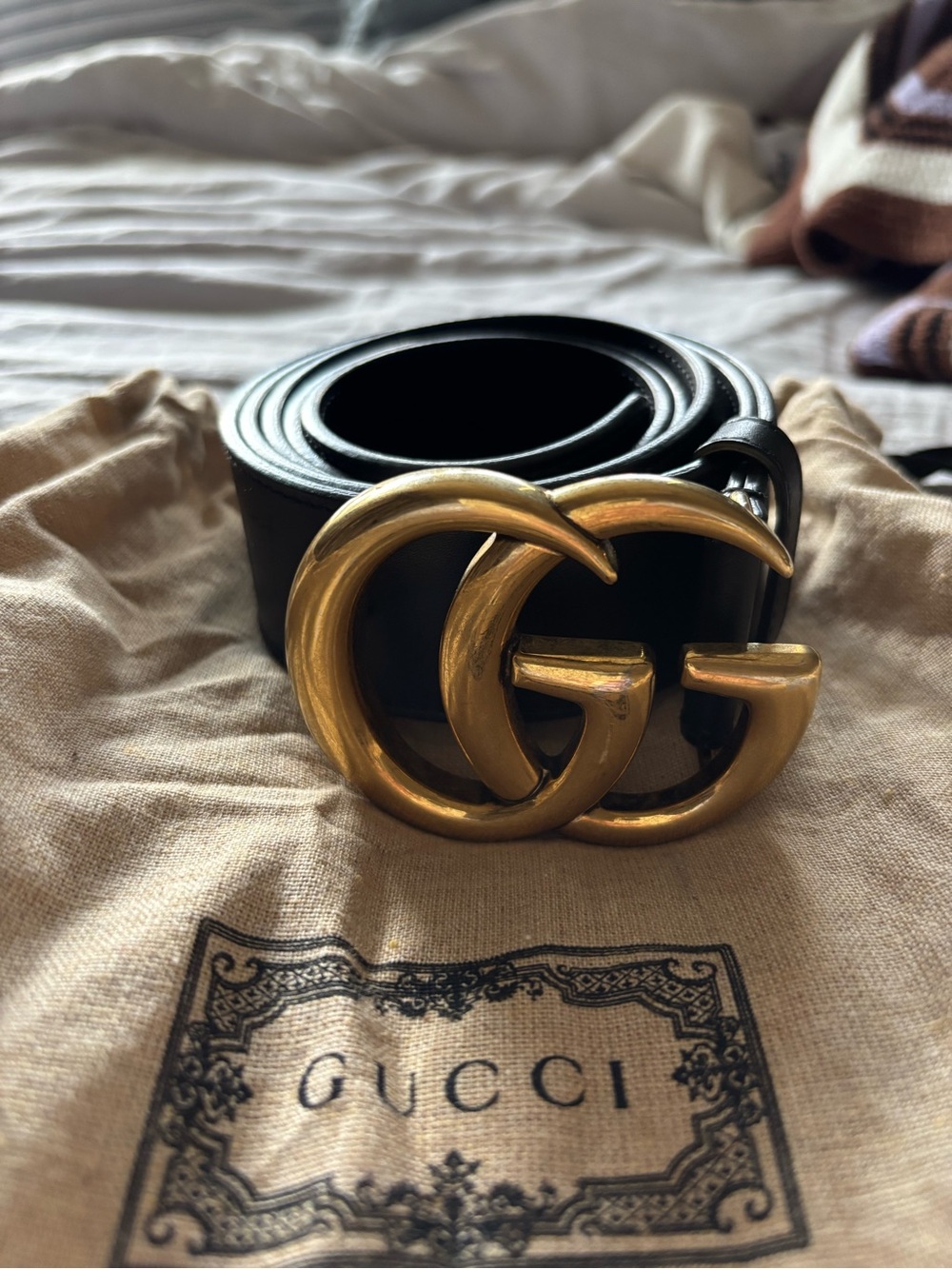 Gucci Black Leather Belt with Gold Double G Buckle
